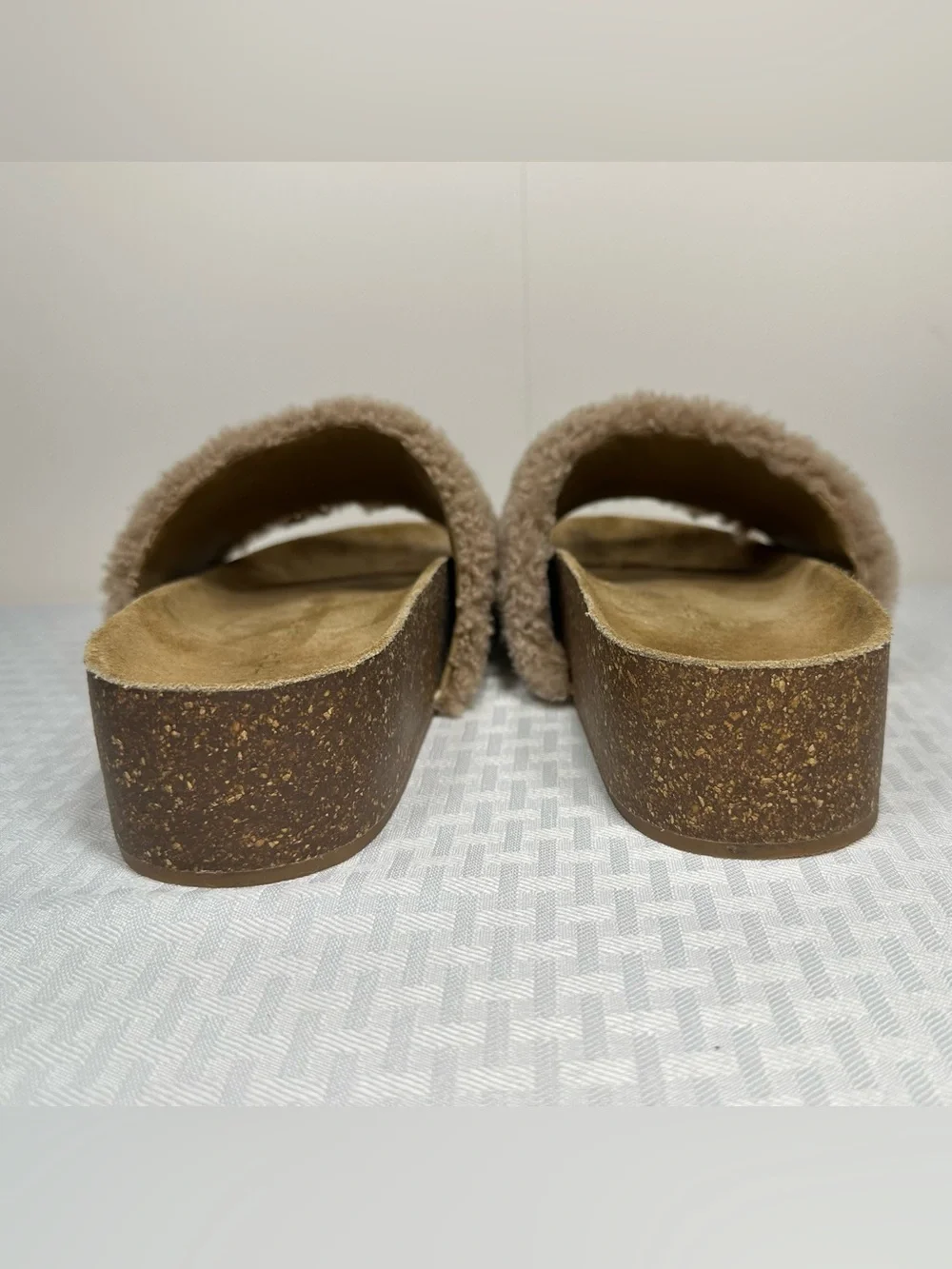 Tory Burch Slides Size 9.5 Double T Logo Shearling Flatform Almond Sherpa Cork